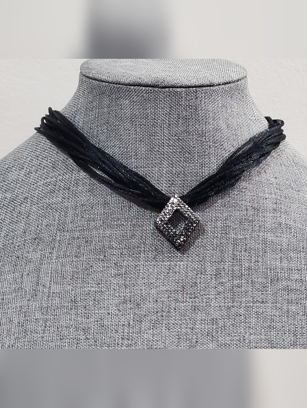 Vtg. Black Multi-Strand Crystal Marcasite Diamond Shape Pendant Necklace